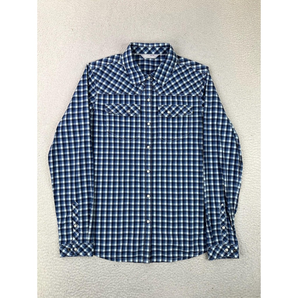 Stio Eddy Shirt Womens Large Blue Check Long Sleeve Pearl Snap Western 100055